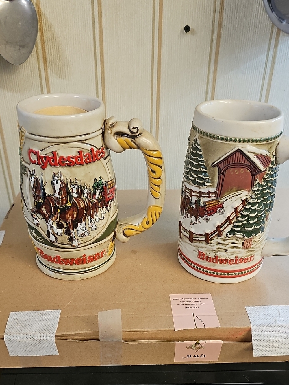 Budweiser Beige and Red Clydesdales Ceramic Stein Pair